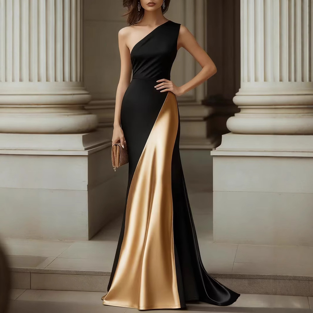Black One-Shoulder Satin Dress