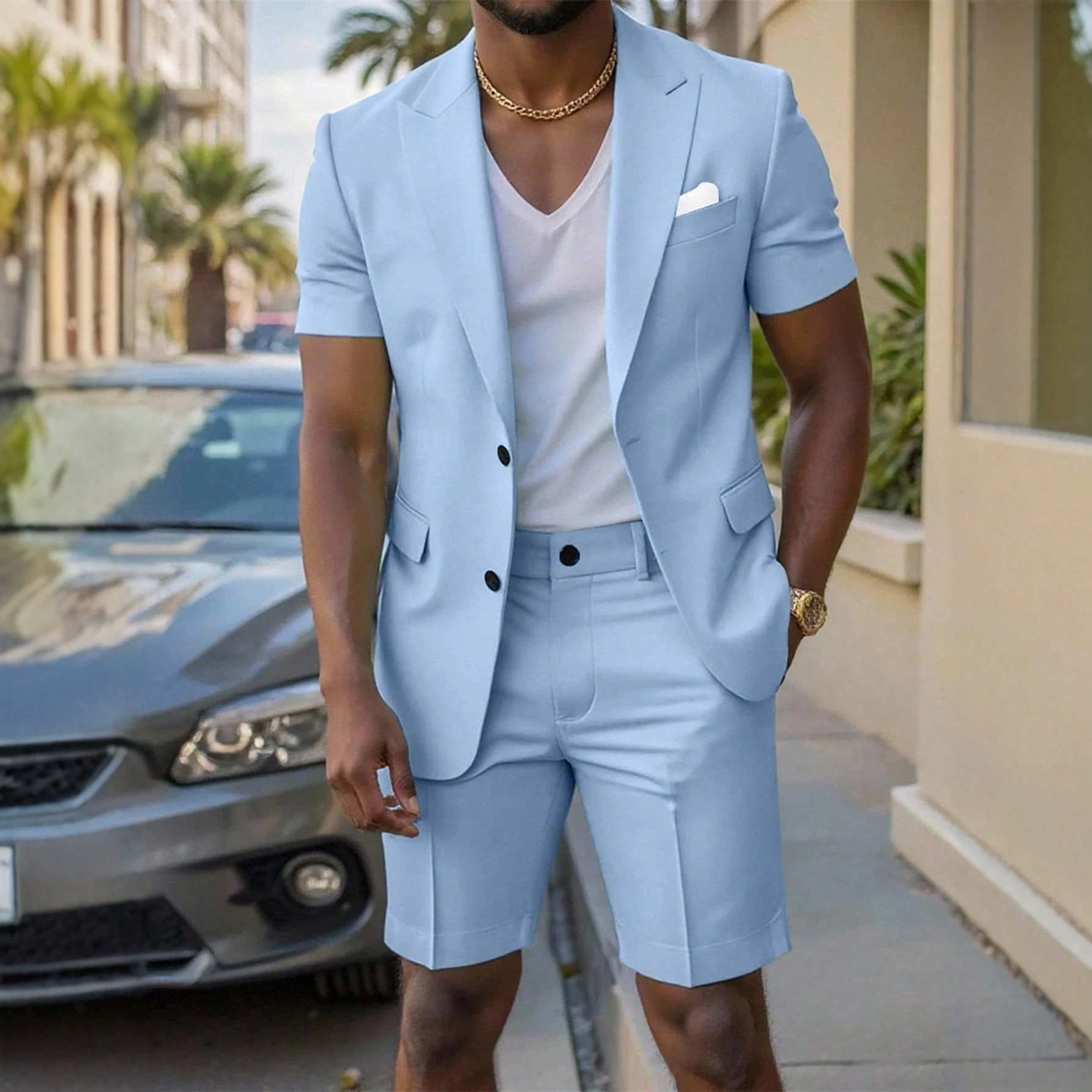 Mens Solid-Colored Gentleman Short-Sleeve Two-Piece…