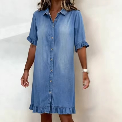Washed Denim Ruffle Mini Dress