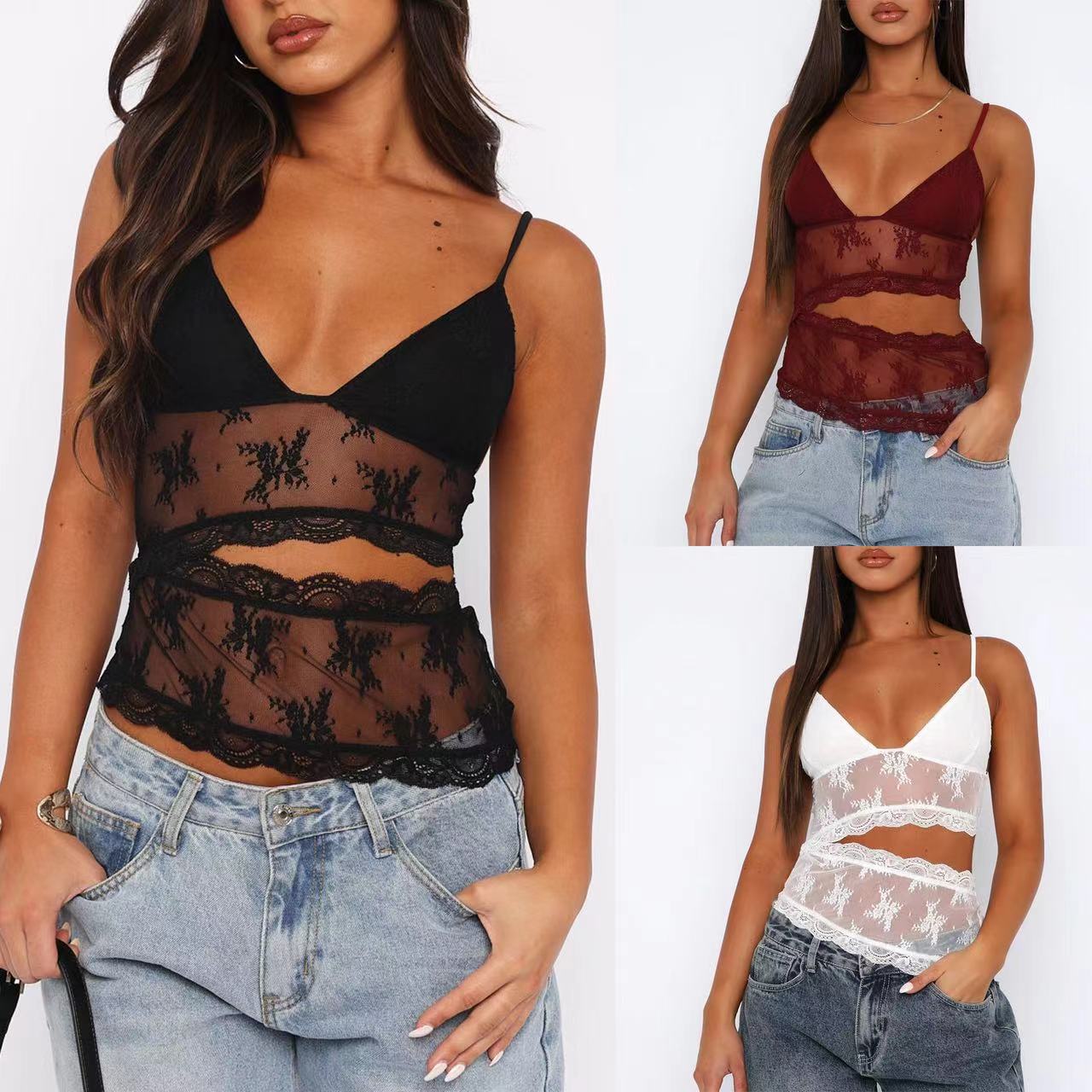 Lace Stitched Backless Small Sling Women V Neck