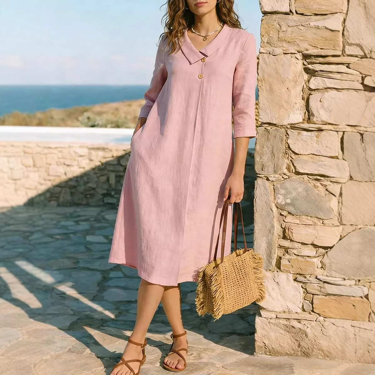 Linen Suit-Collar Midi Dress