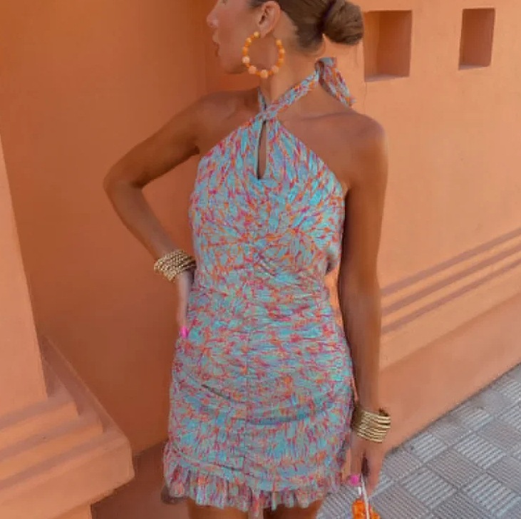 Printed Cross-Halter Midi Dress
