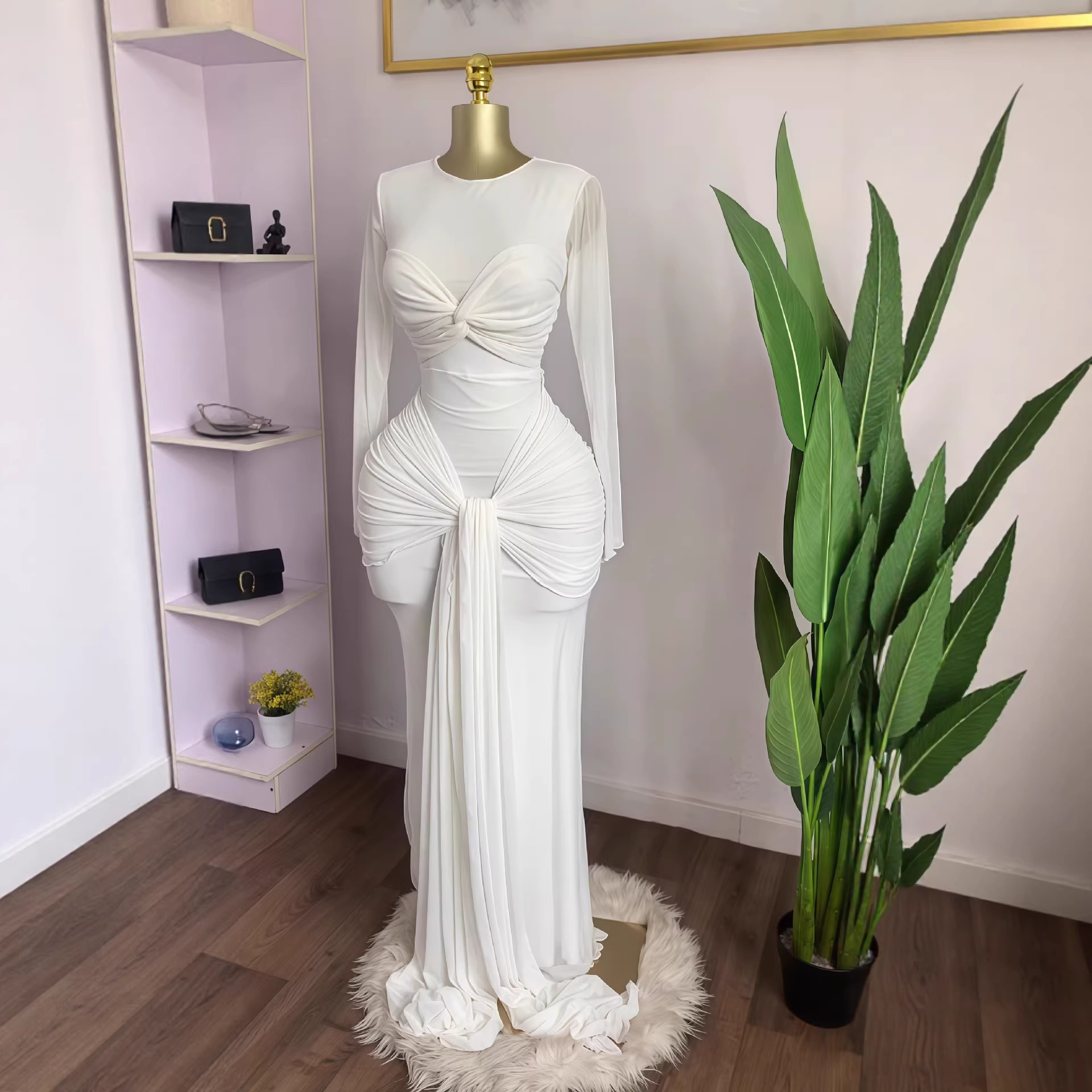 Mesh Panel Long Sleeve Bodycon Dress