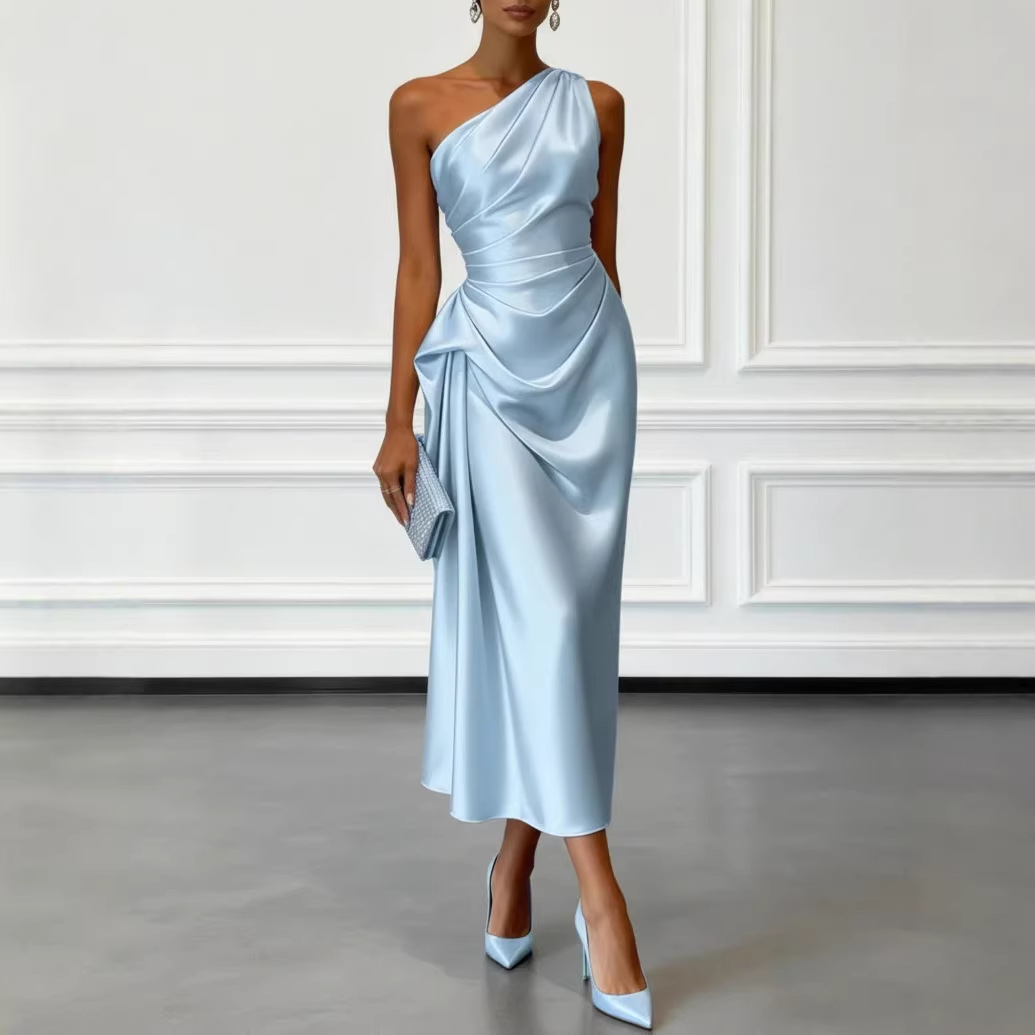 Satin Pleated Waist-Cinching Dress