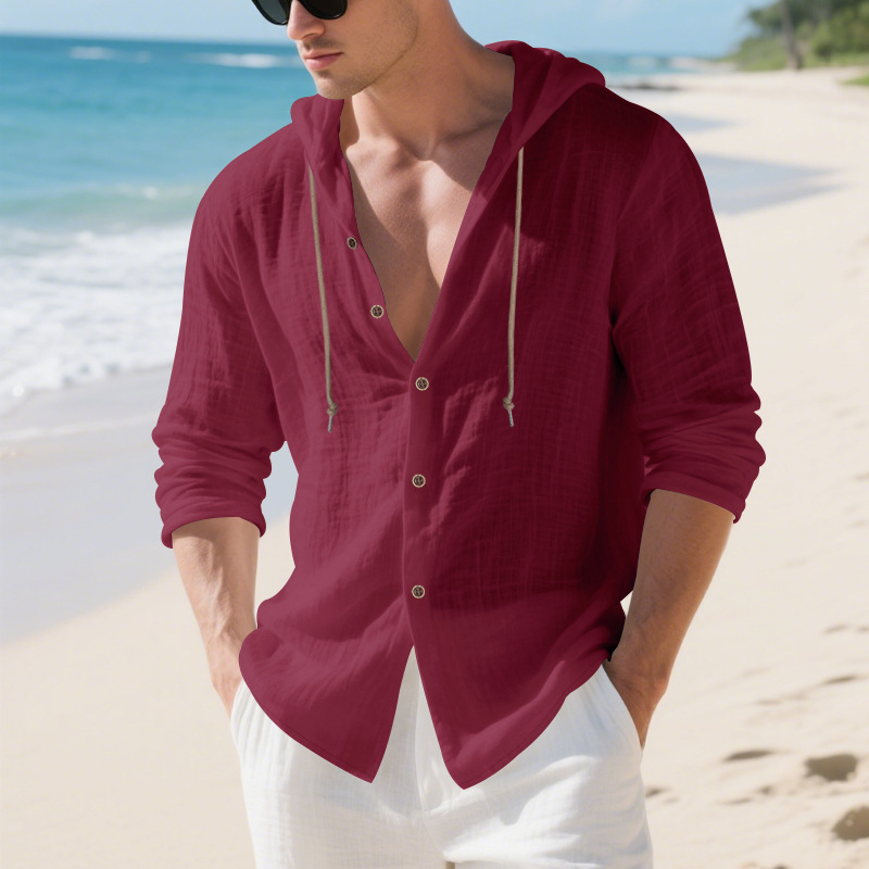 Mens Linen Hooded Long-Sleeve Casual Cardigan Shirt