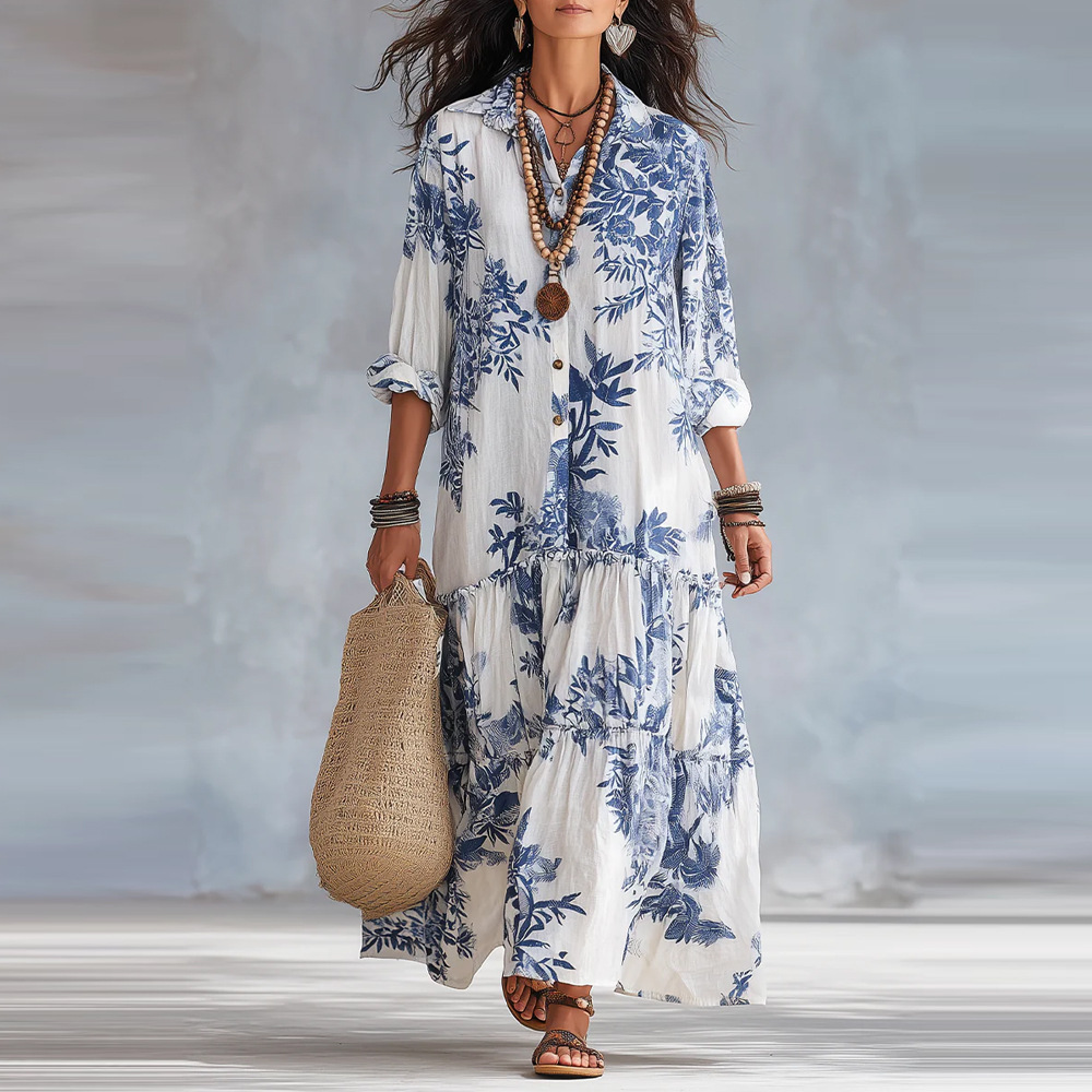 Floral Long-Sleeve Flared Lapel Dress