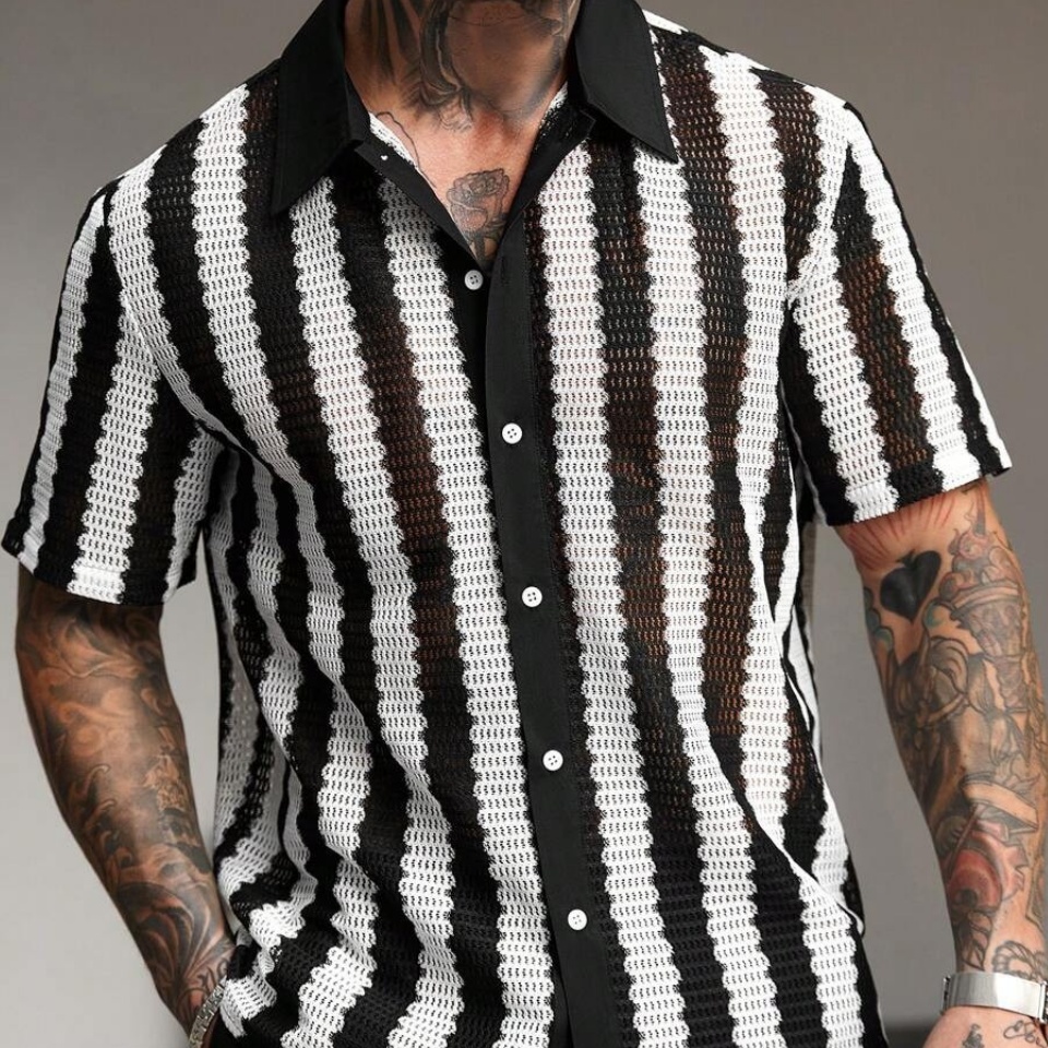 Mens Black And White Striped Hollow-Out Short-Sleeve…