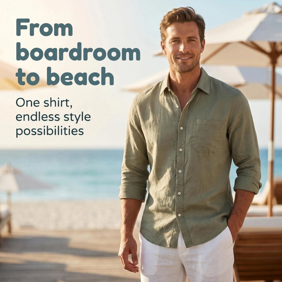 Mens Linen Loose-fit Lapel Long-sleeve Shirt